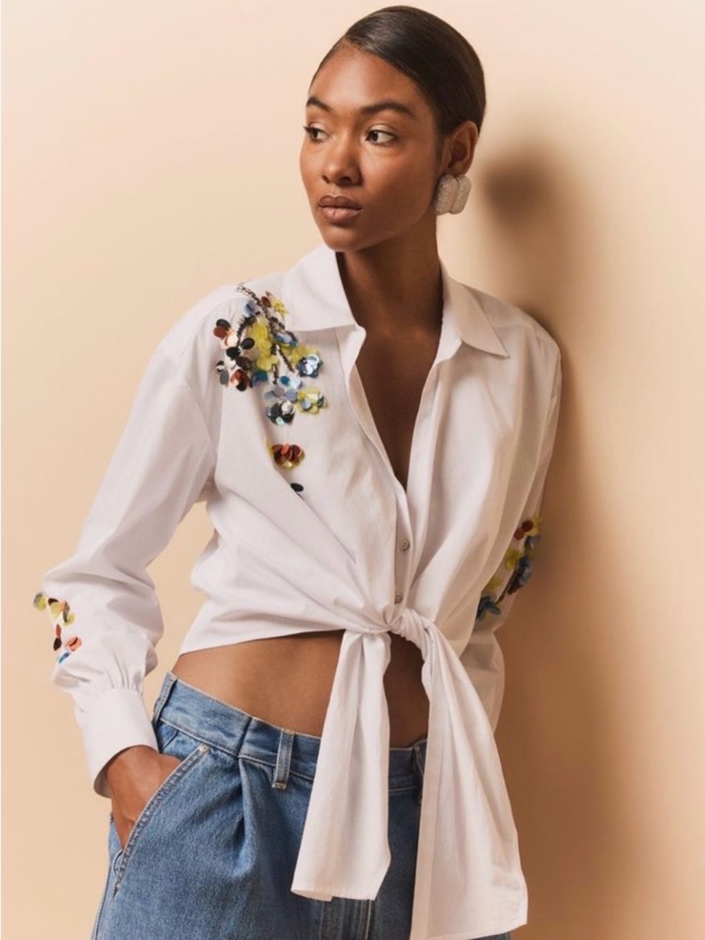 New Elie by Elie Tahari White Tie-Front Shirt with Sequin Embellishment XS